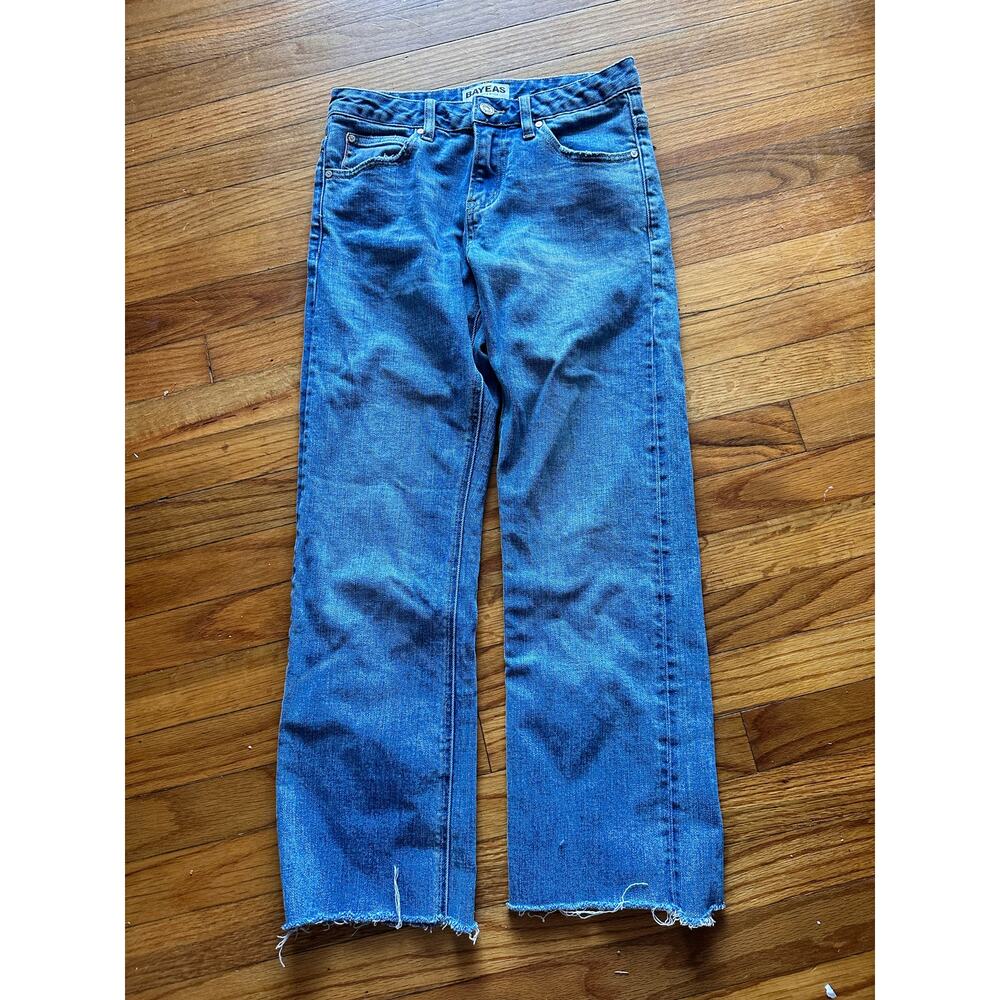 Bayeas High Rise Wide Leg Blue Jeans Raw Frayed Hem Trendy Denim Size 25
